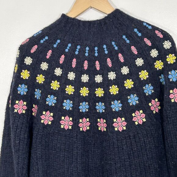 Boden Fluffy Embroidered Jumper Sweater Size 4 US Blue Knit Floral Mock Neck - Picture 10 of 10